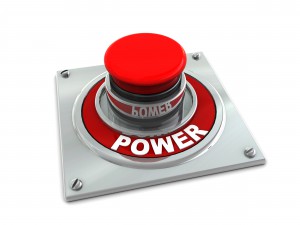 3d illustration of red button with text 'power' on white background;